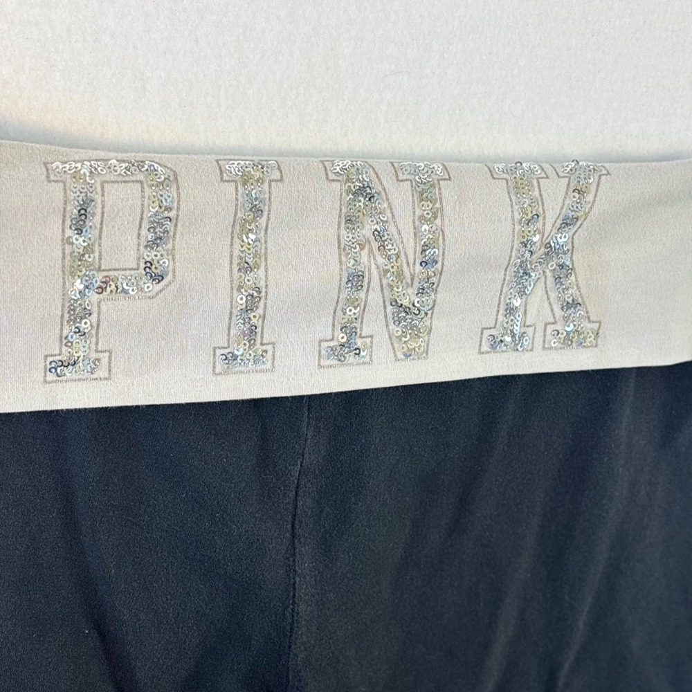 Pink Victoria's Secret Vintage Yoga Leggings Black Foldover Sequin Logo Medium